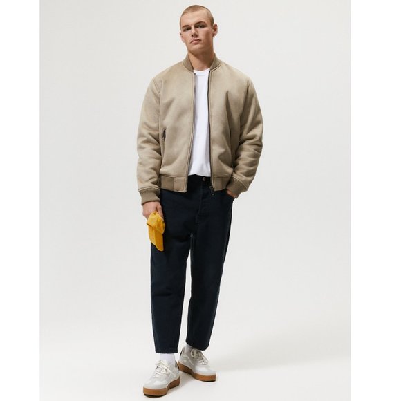 Zara Men's Faux Suede Bomber Jacket Beige Sz XS - Picture 2 of 11